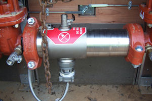 Diagram illustrating a cross-connection backflow scenario in a residential plumbing system